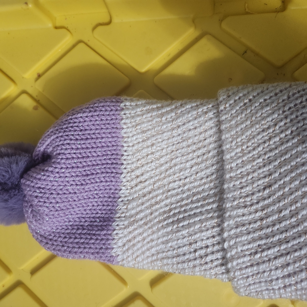 New! Hand Knitted  Purple and White & Gold Knit Pom-Pom Hat